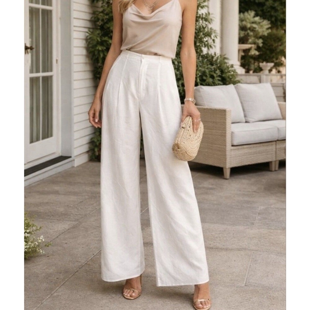 12th Tribe NWT Satin Wide Leg Trousers Ivory White Large Pleated Pockets Wide